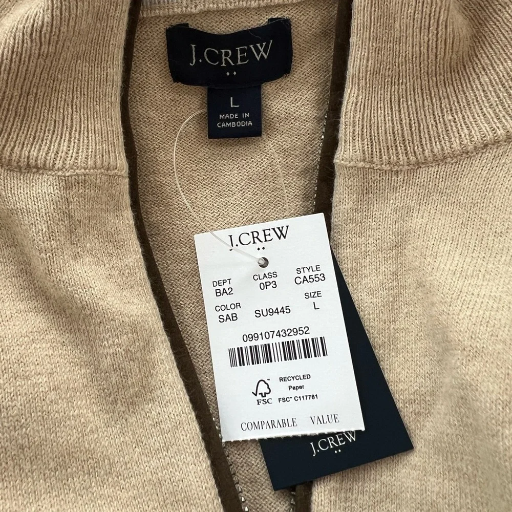 J. Crew NWT Cotton Cashmere Mock Neck Half-Zip Long Sleeve Sweater Cream, Large